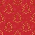 Vector seamless winter pattern with golden christmas trees on red background. Royalty Free Stock Photo